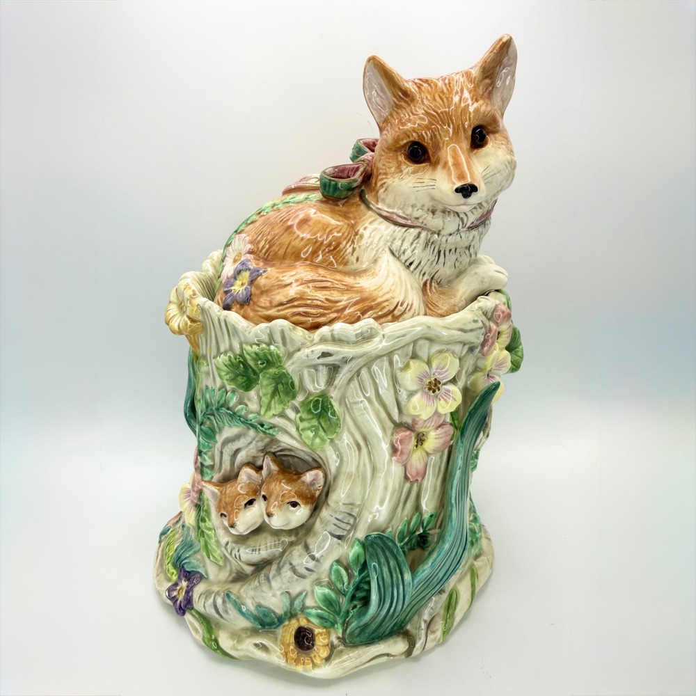 Fitz and Floyd Woodland Spring Fox Cookie Jar Vintage Tree Stump Cottagecore 10"